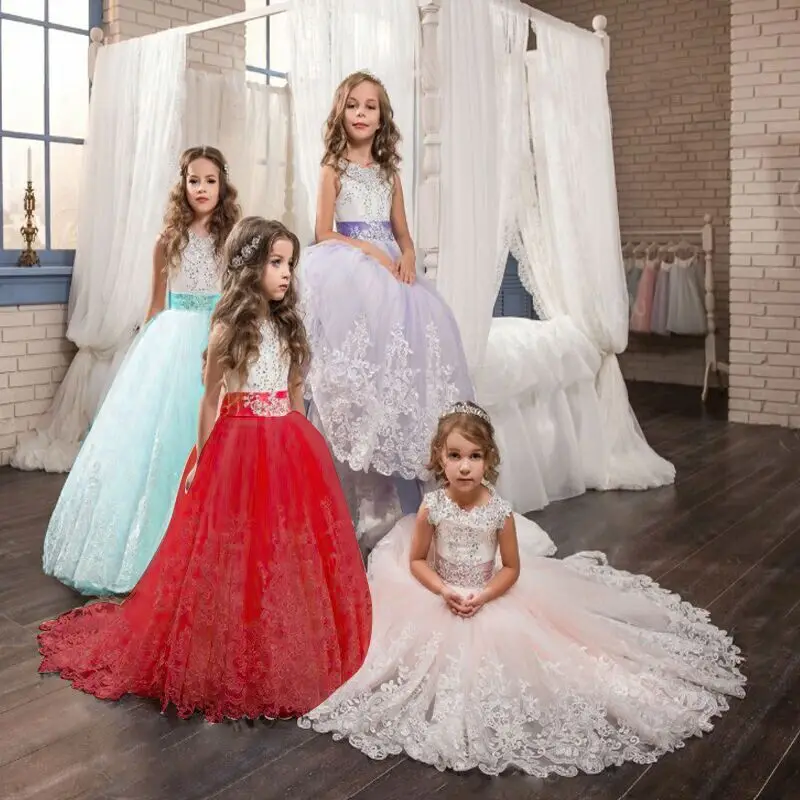 2024 New Elegant Girls Wedding Dress Lace Mesh Tailling Princess Dress 6-14 Years Children Graduation Party Prom Evening Dress