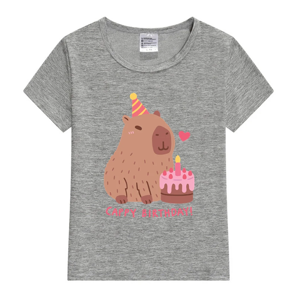 Cute Capybara And Cake Happy Cappy Birthday Kids T-Shirt Print Girls Clothes Child T-shirt White Short Sleeve Tee 1-12 Year