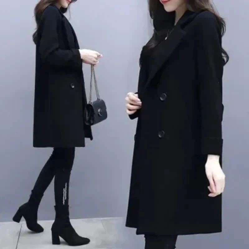

Women's Thiened Woolen Coat Slimming Medium-Length Korean Sle Faion Outerwear Polyester Fiber Long Sve Double-Breasted