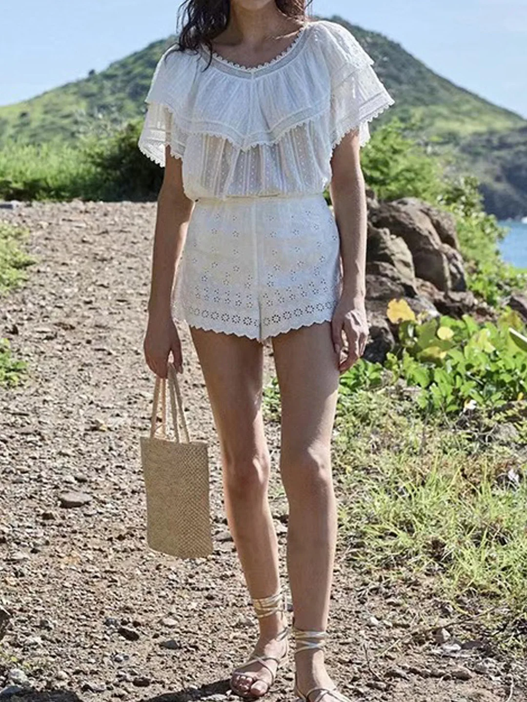 

Sweet Double Layer Lace Polka Dot Embroidery round Neck Shirt Style Cover up Spring Summer Casual Cotton Blouse