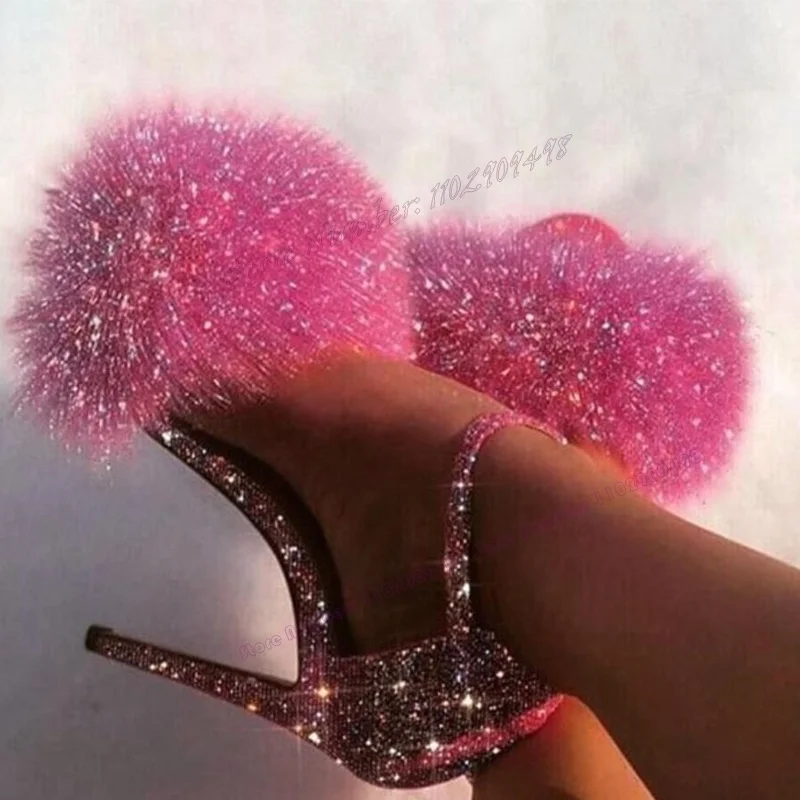 Rose Red Glitter Fluffy Sandals Back Strap Open Toe Shoes for Women Cover Heel Thin High Heels Shoes 2023 Zapatos Para Mujere