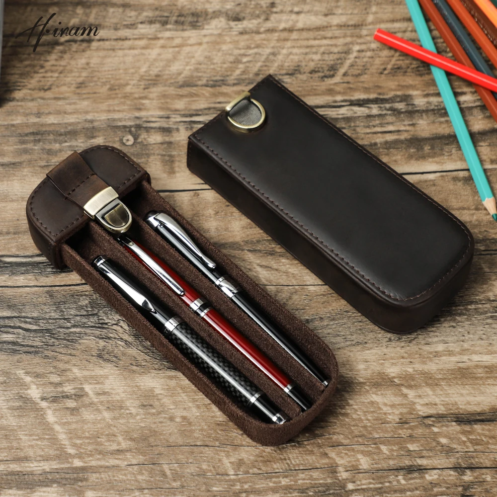 Retro Genuine Leather 3 Slots Handmade Fountain Pen Case Brass Buckle Storage Pencil Holder Office School Stationery Best Gift