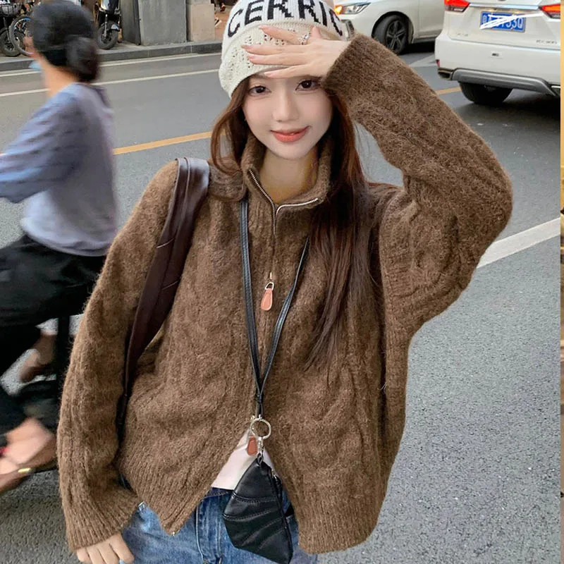 Atmosfera retrò pigra, cardigan lavorato a maglia da donna con doppia cerniera, ampio e sottile in autunno, dolce top corto a maniche lunghe 12