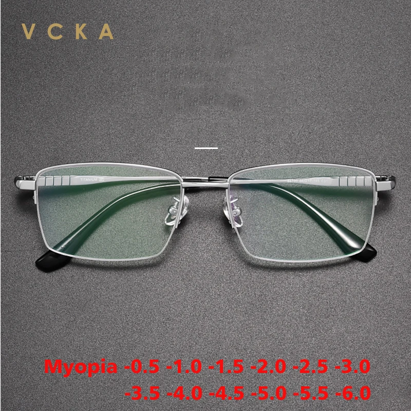 

VCKA Half Frame Square Titanium Myopia Eyeglasses Vintage Pure Men Business Glasses Prescription Optical Eyewear -0.50 to -10