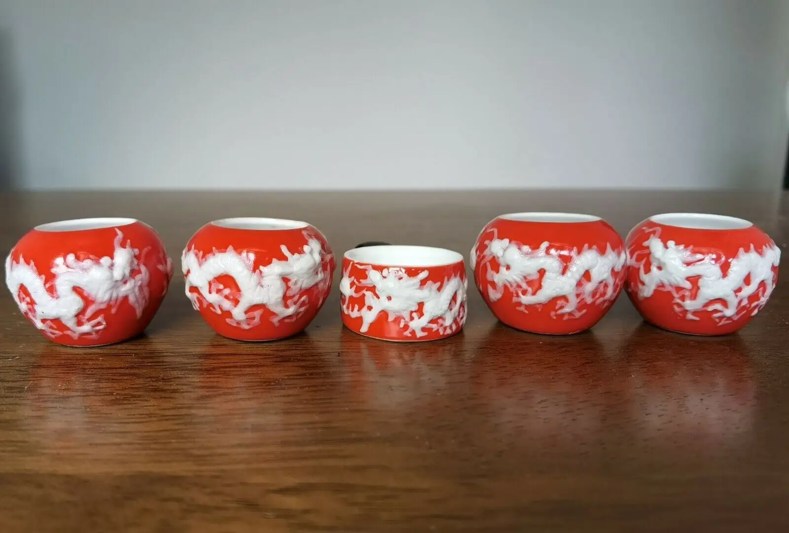 1set 5pcs Red Asian Bamboo Bird Cage Dragon food ceramics cups