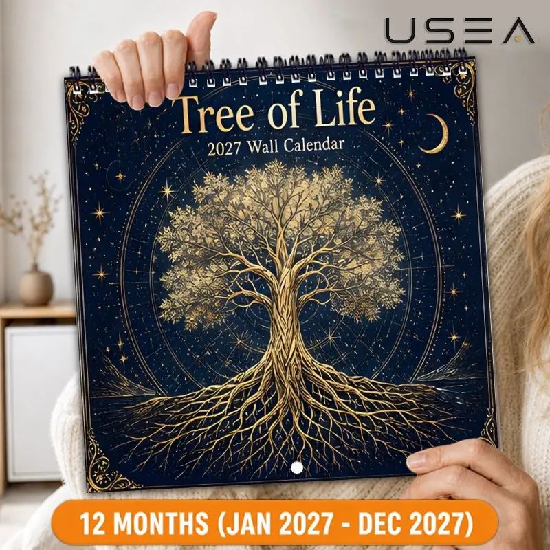 2027 Wall Calendar, Twin Wire Spiral Binding,Tree of Life Celestial Design, US Federal Holidays Moon Phases, Boho Decor