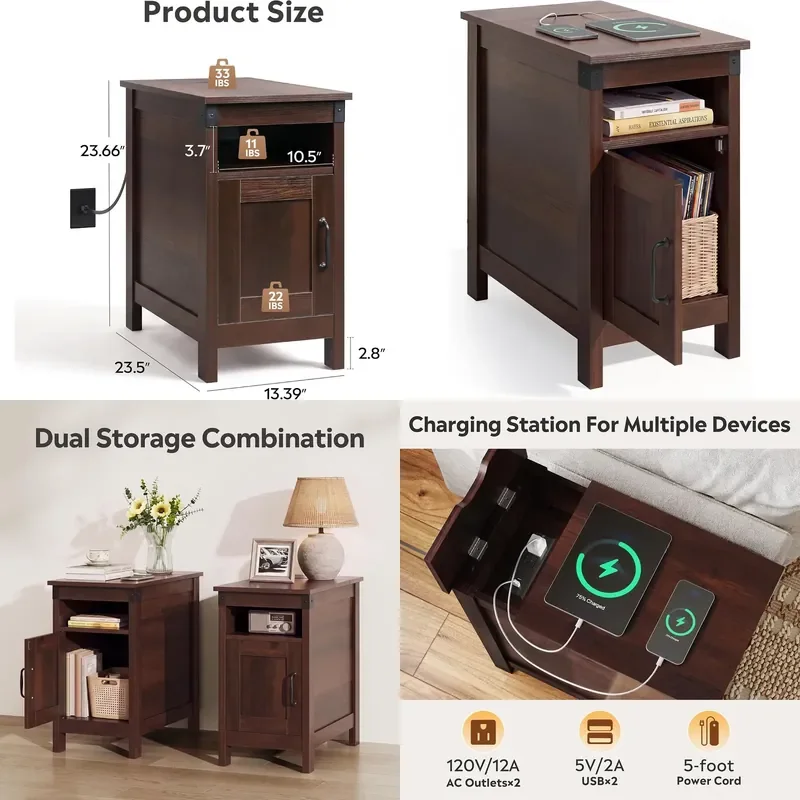 WLIVE End Tables Living Room with Charging Station & Narrow Side Table