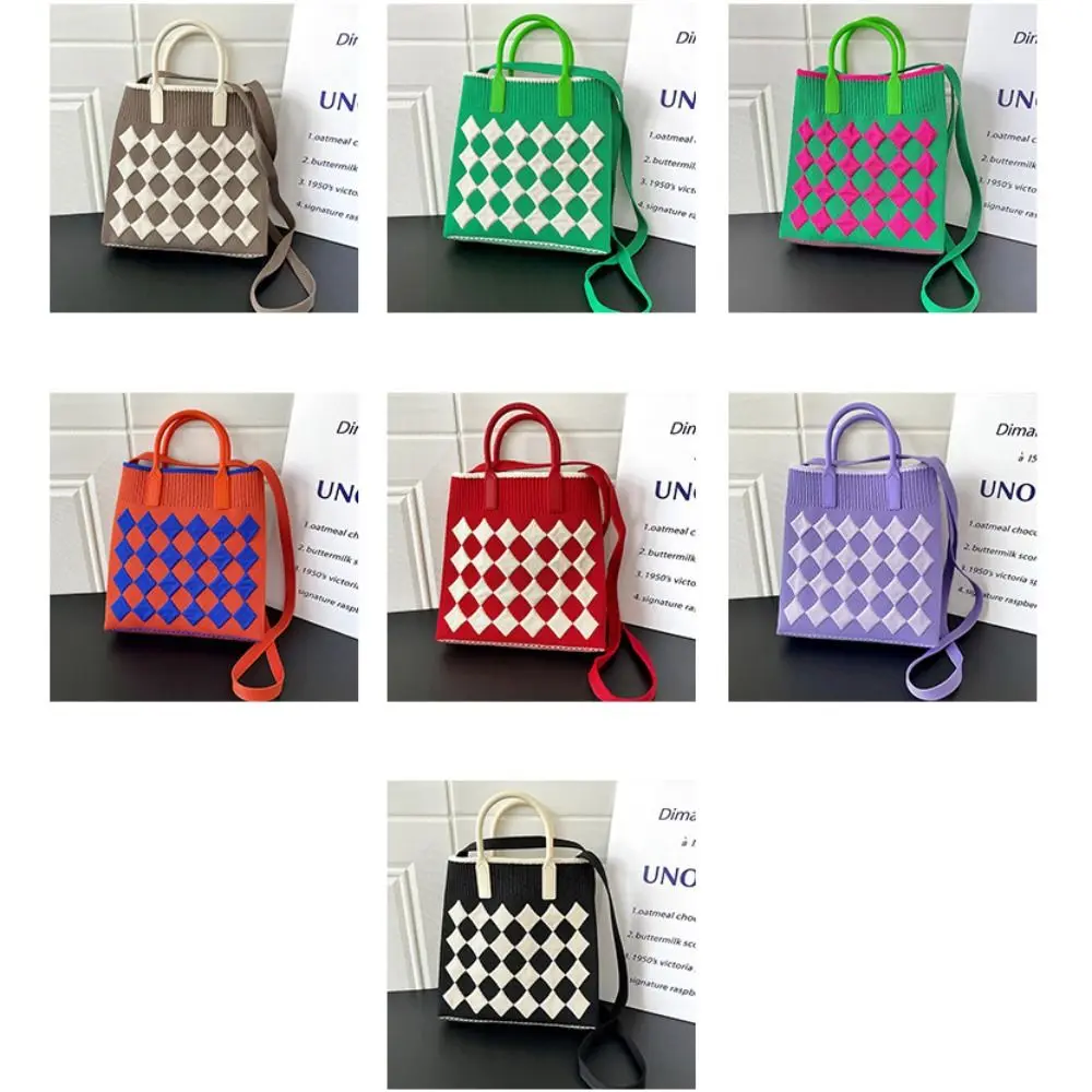 Contrasting Colors Knit Handbag Handmade Rhombic Lattice High-capacity Phone Bag Knit Knot Wrist Bag Women