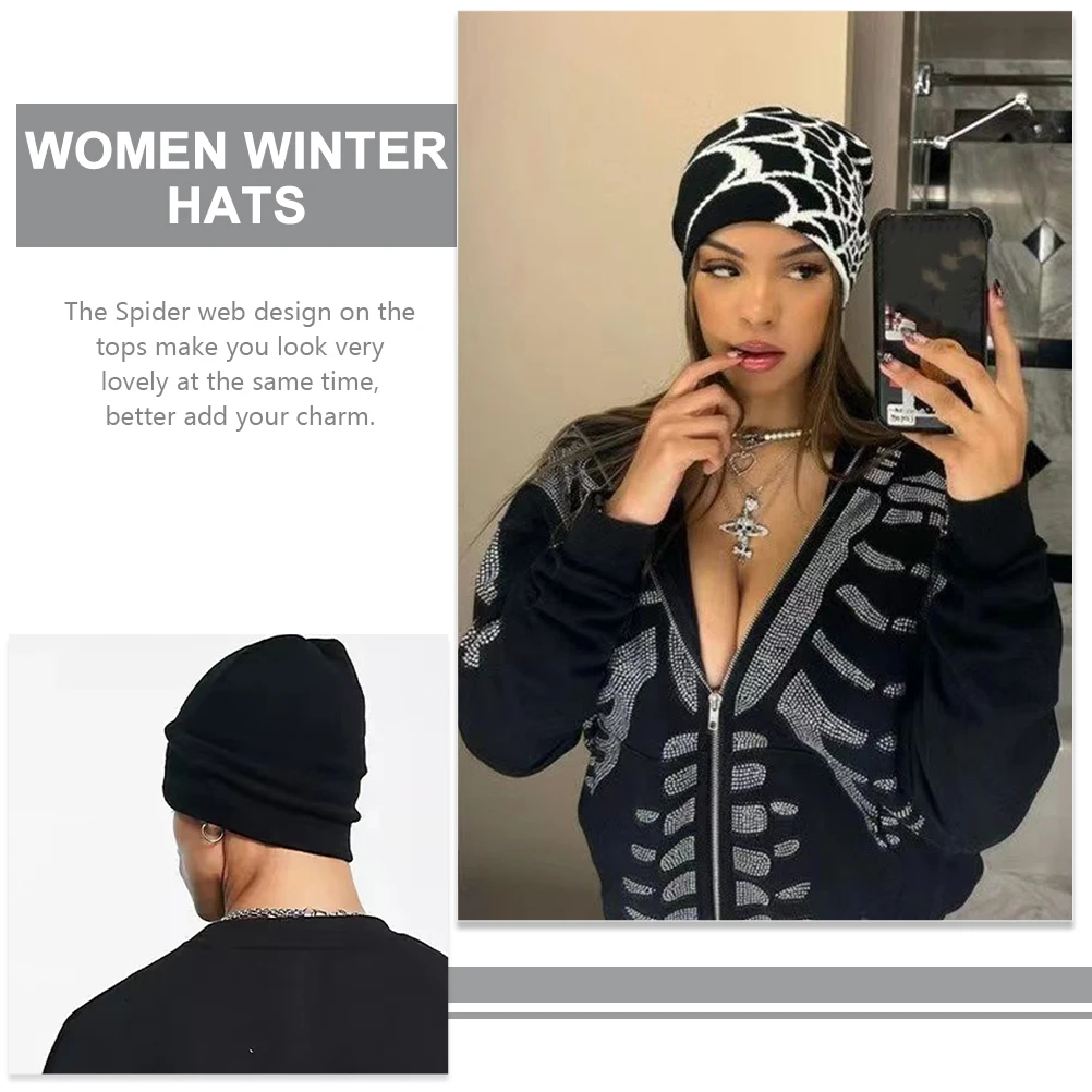 

2pcs For Women Warm Winter Beanie Hat Unisex Spider Web Design Black Color Cycling Unisex Hats Women Winter Hats Cap
