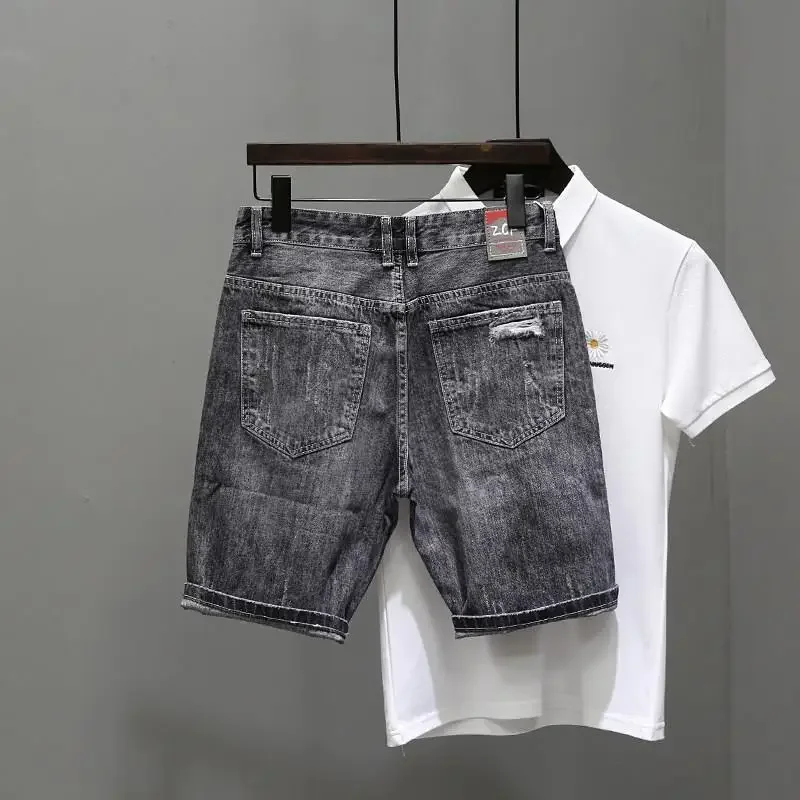 Shorts jeans rasgados preto e cinza para homens, jeans elásticos, calças com zíper, botões populares de designer, emo novo, original