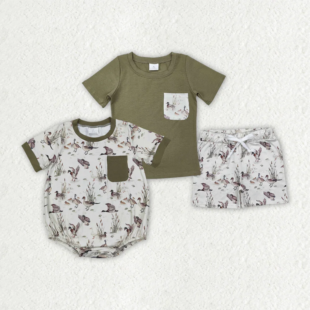 

SR2413 Wholesale baby rompers kids clothes boys Duck green pocket short-sleeved Romper Summer Boutique baby boy clothes sets