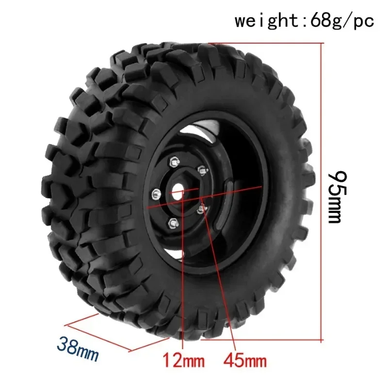 1.9 Inch RC Crawler Tires & Rims Set for SCX10 D90 TRX4 - 95mm Soft Rubber Treads with Deep Lugs 12mm Hex - Unbonded