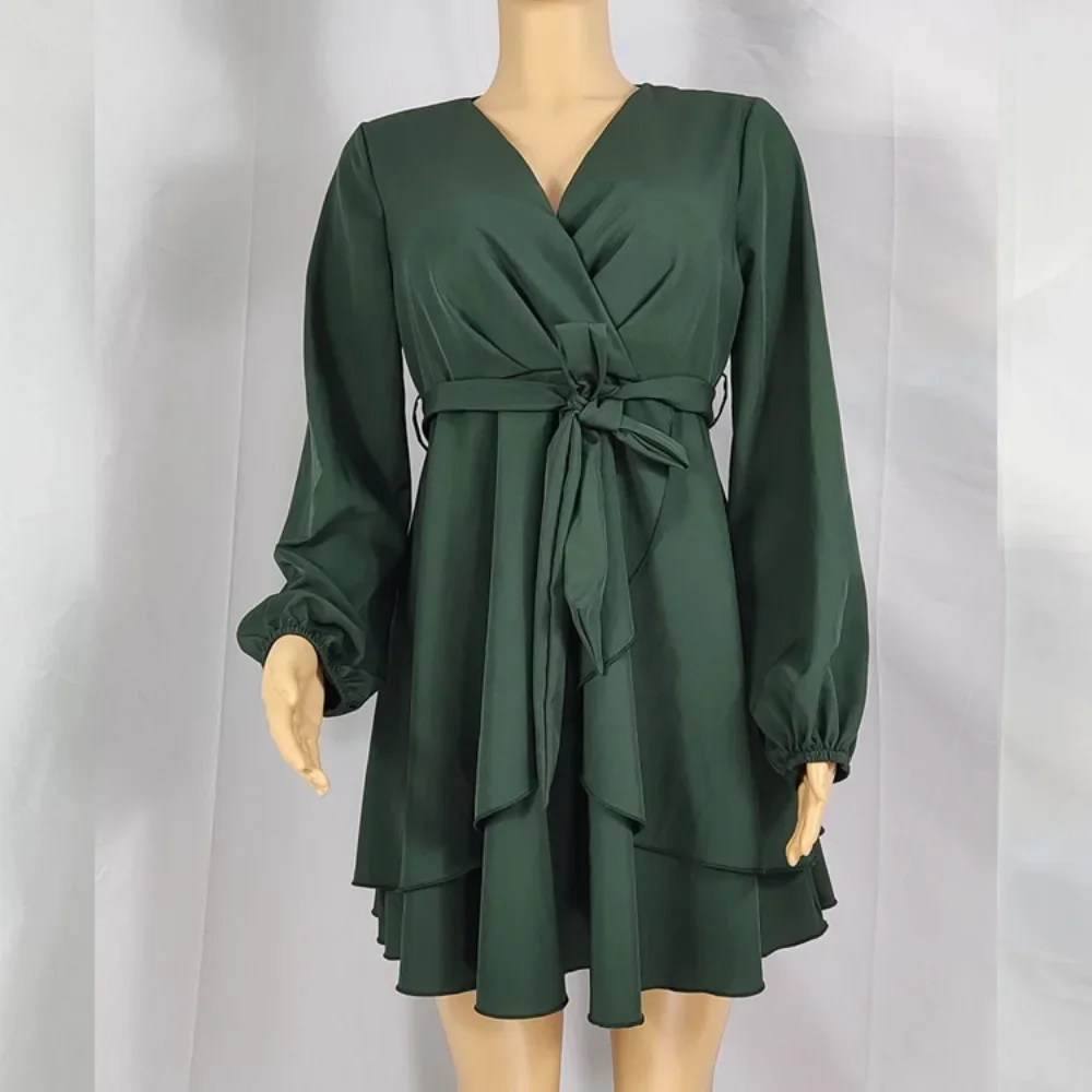 Ladies’ High Waist Irregular Skirt Hem Sexy Solid Color Commute Long Sleeve Deep V-neck Casual Elegant Fashion Mini Dress