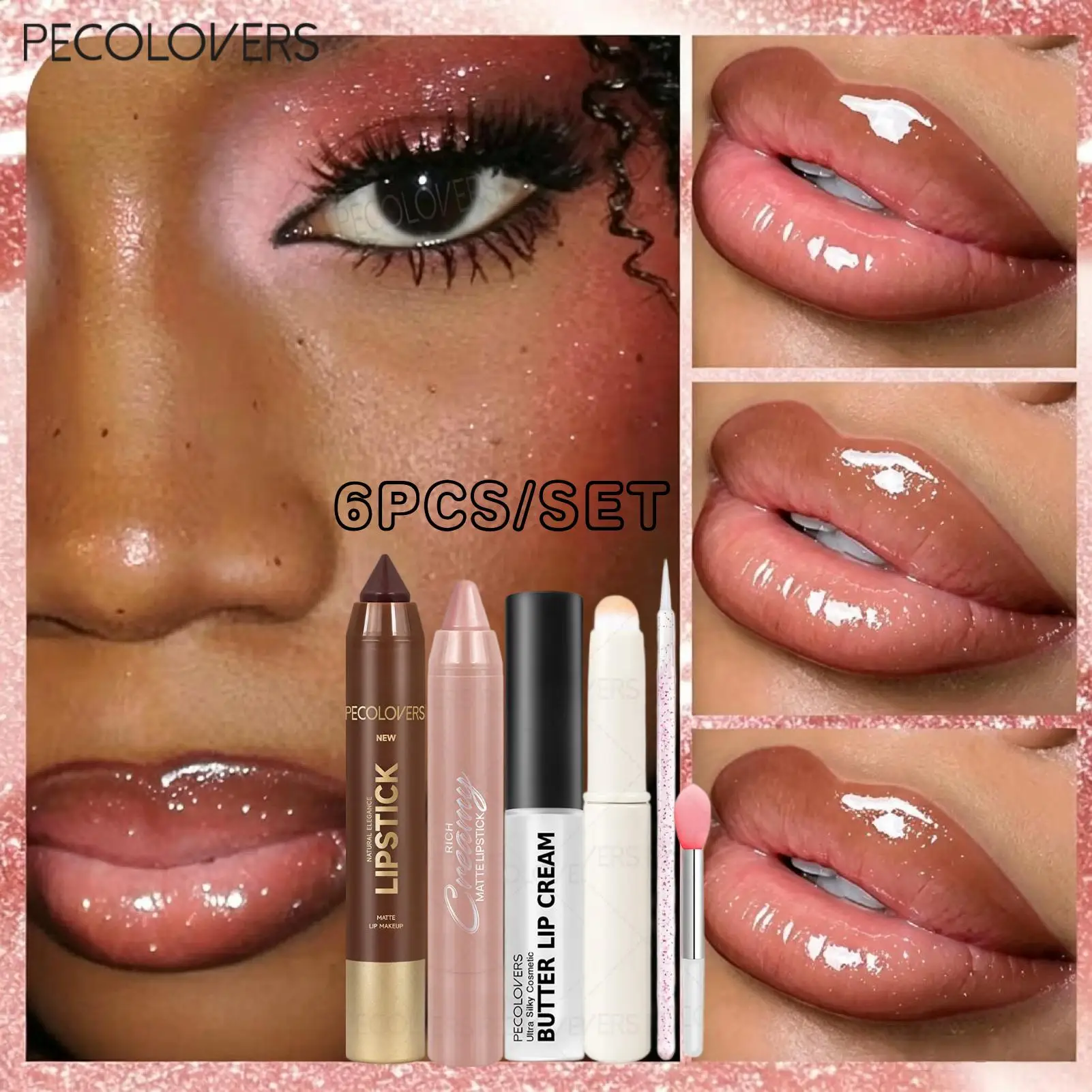 6Pcs/Set Lip Makeup Kit, Matte Lip Crayon & Lip Liner Pencil & Shiny Lip Gloss Butter  Lip Cream With Lip Brushes, Long-Lasting