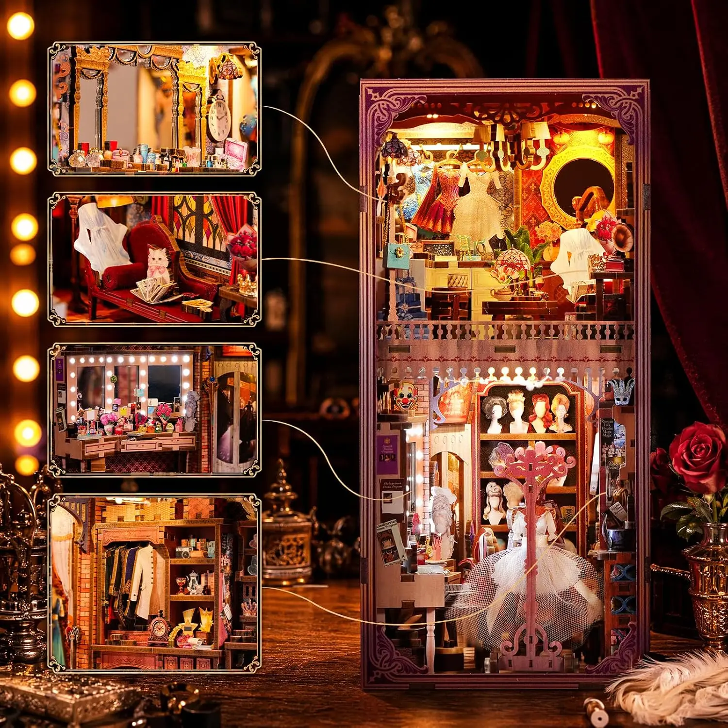 DIY Miniature Book Nook Kit Theatre Dressing Room 3D Wooden Puzzle for Adults Dollhouse Bookend Shelf Building Construction Toy