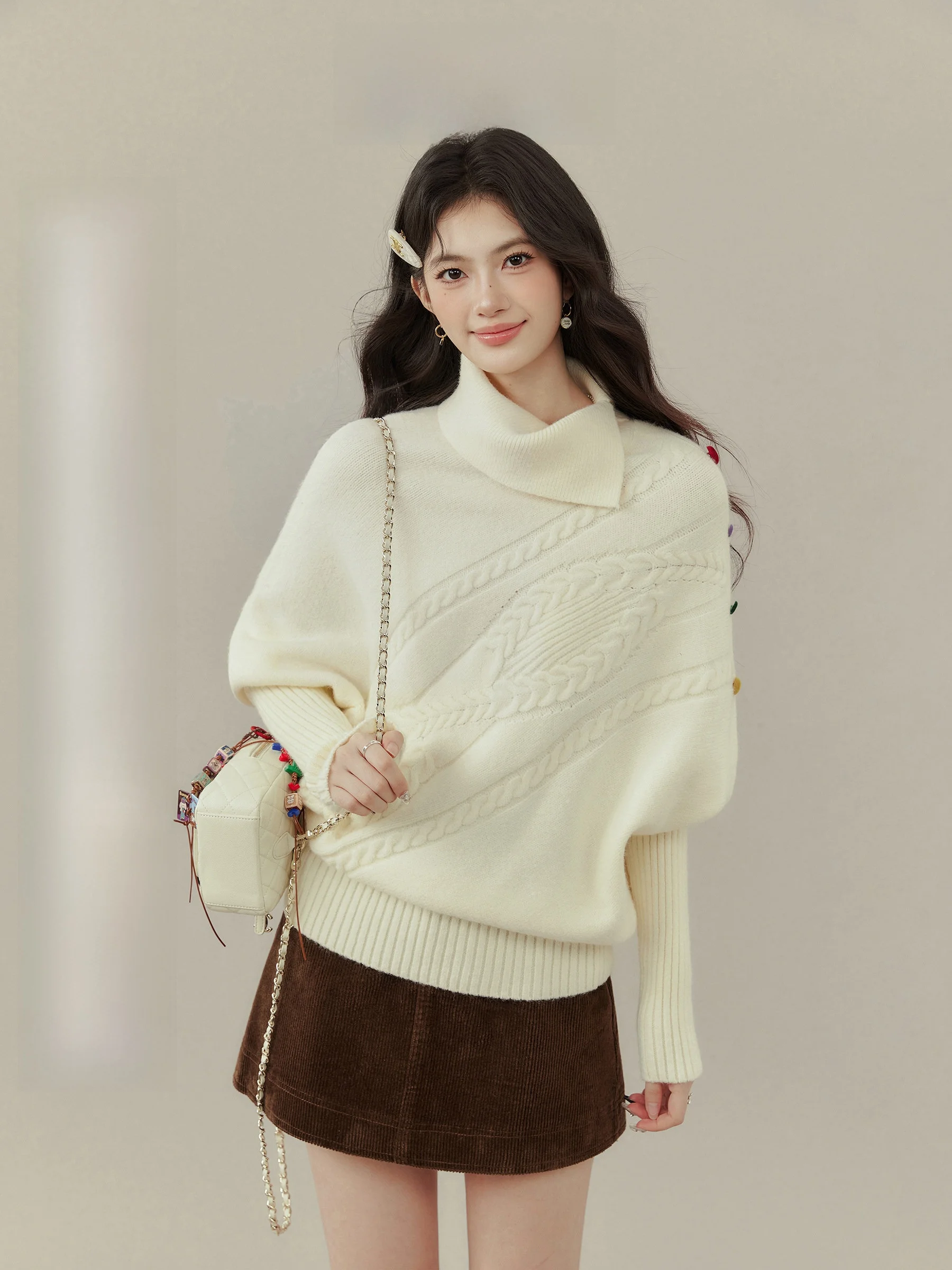 

Женский свитер Ouyang Xi с высоким воротником, рукавами «летучая мышь» и капюшоном, вязаный, повседневный, для ношения под одеждой, для подростков