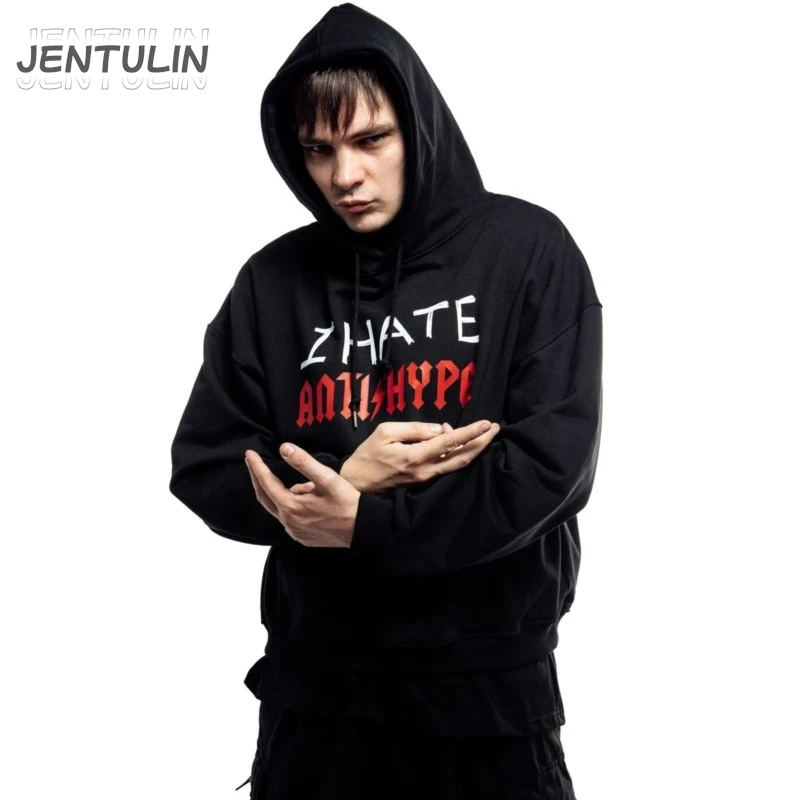 Harajuku Oversized Pullover Men\'s Hoodies I HATE ANTIHYPE Graphic Print Goth Hooded Sweatshirt Hip Hop Fashion Clothing Y2k Tops