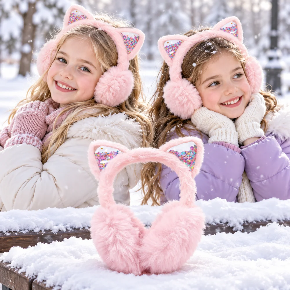 Kids Girls Pink Plush Cat Ear Earmuffs Ear Muffs Cute Headband Colorful Star Sequins Children Winter Outdoor Fashion Accessory