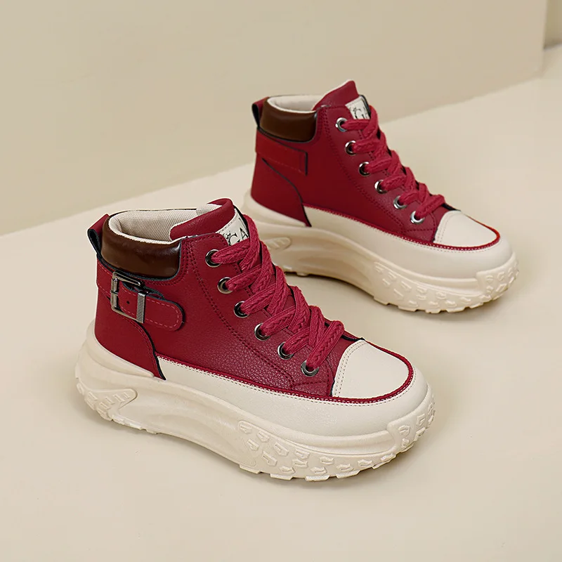 Zapatillas de deporte gruesas de piel sintética para mujer, zapatos vulcanizados con plataforma, informales, a la moda, talla 40, invierno y otoño, 2023