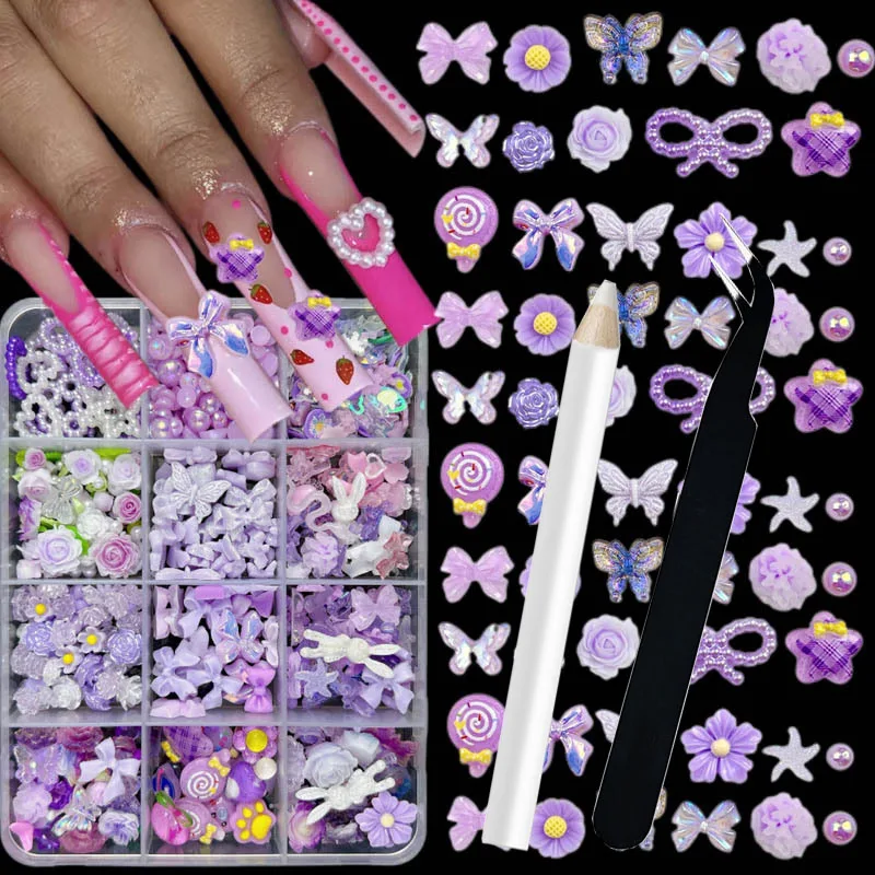 12 Grids Random Heart Bow Rose Flowers Nail Charms Cherry Resin Gems Pearls Design for DIY Nail Art Decorations Accessories