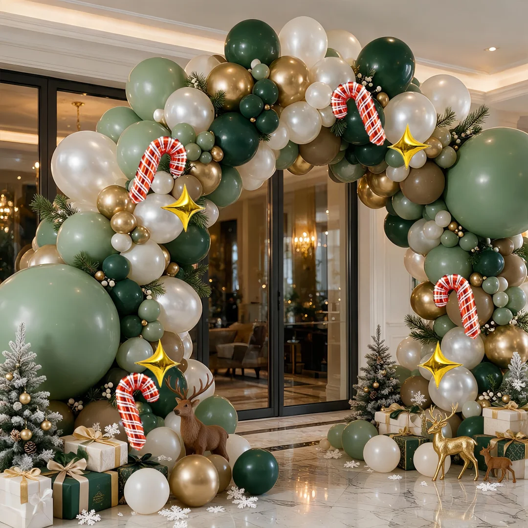 112Pcs Merry Christmas Themed Balloon Arch Kit, Green Khaki White Gold Latex Balloons with Four-Pointed Star Candy Cane Balloons, Perfect for Christmas Party Indoor/Outdoor Decoration