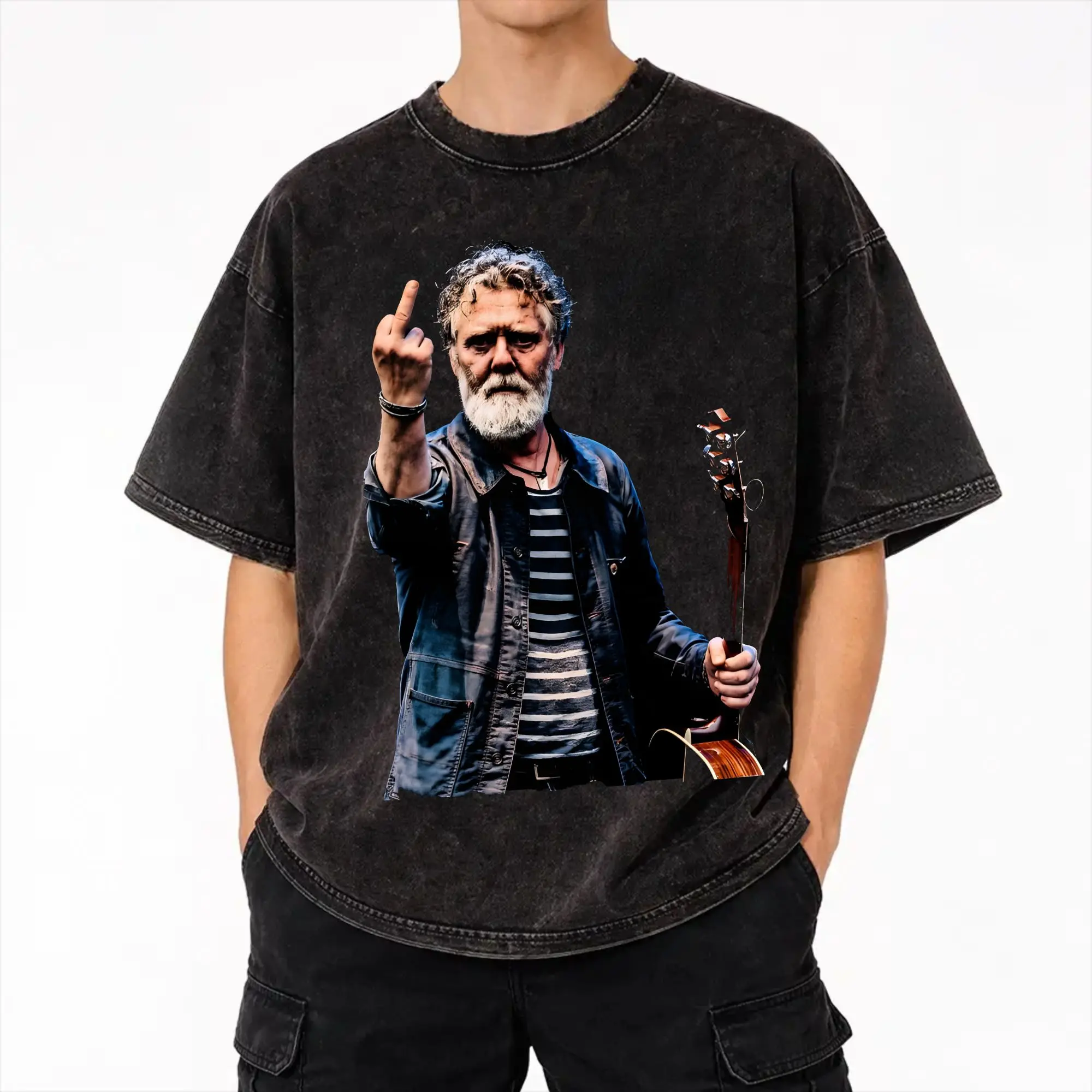 Harajuku Washed Shirt Vintage Glen-Hansard Flipping the bird  Merch Retro T-Shirts High Street  Streetwear Short Sleeve