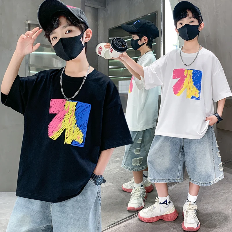 New Cotton Summer Kids Short Sleeve Printed T-shirt for Tweens Boy Casual Stylish Tshirt Outfit Children Fashion Tee Tops 5-14 T