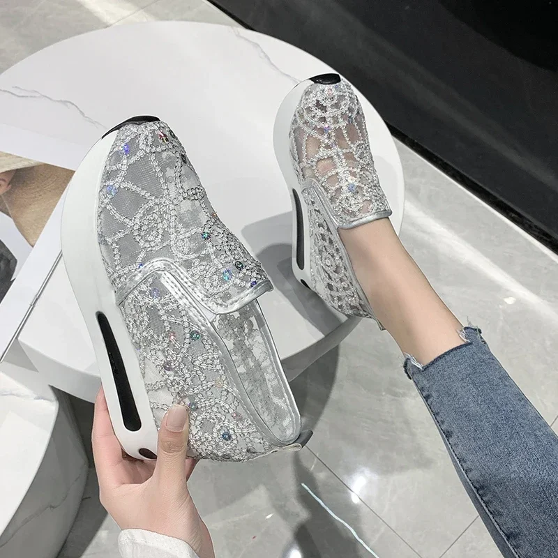 Women Sneakers 2024 Platform Wedge Embroidery Mesh Sneakers Women Slip on Casual Comfy Heeled Shoes for Women Zapatos De Mujer