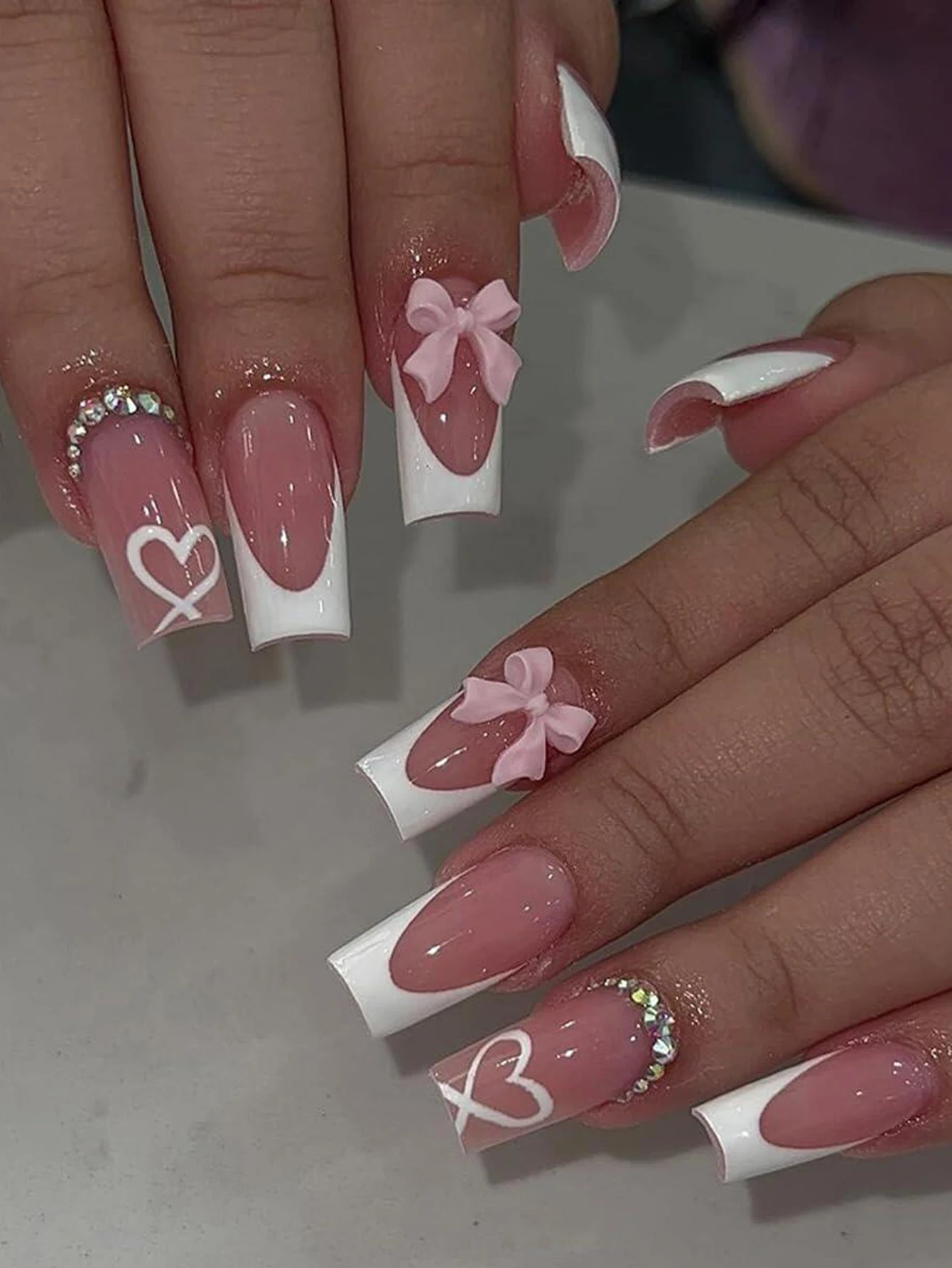 24 Stück – französische weiße quadratische künstliche Nägel, rosa dreidimensionale Schmetterlingsdekoration, zart und elegant, schlicht und großzügig – Detail 21