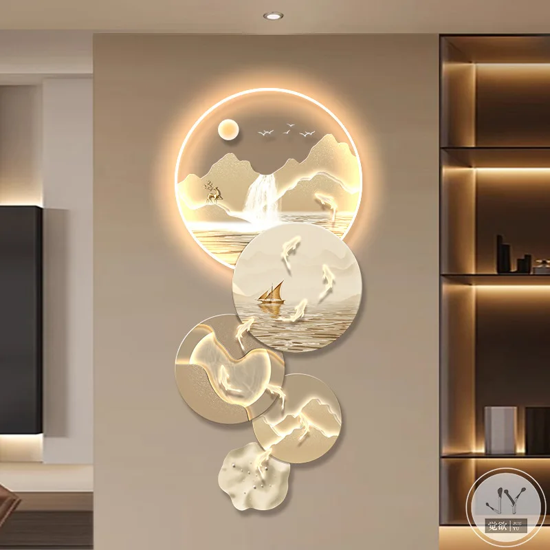 Decoration Painting of The Entrance Hall,nine Fish Picture,corridor,high Mountains,flowing Water, Glowing Wall Lamp Painting