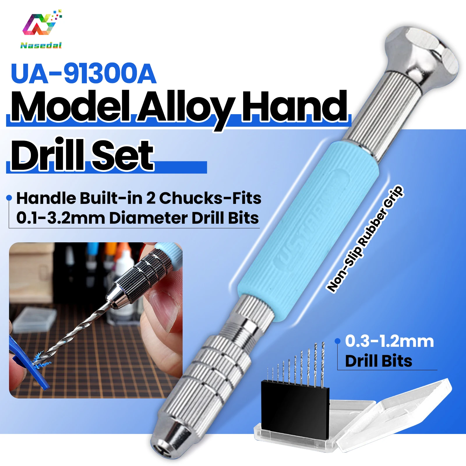 Ustar UA-91300A Precision Hand Drill with 0.3mm~1.2mm Drill Bit Set for Gundam Scale Model Making Hobby DIY Craft Accessories