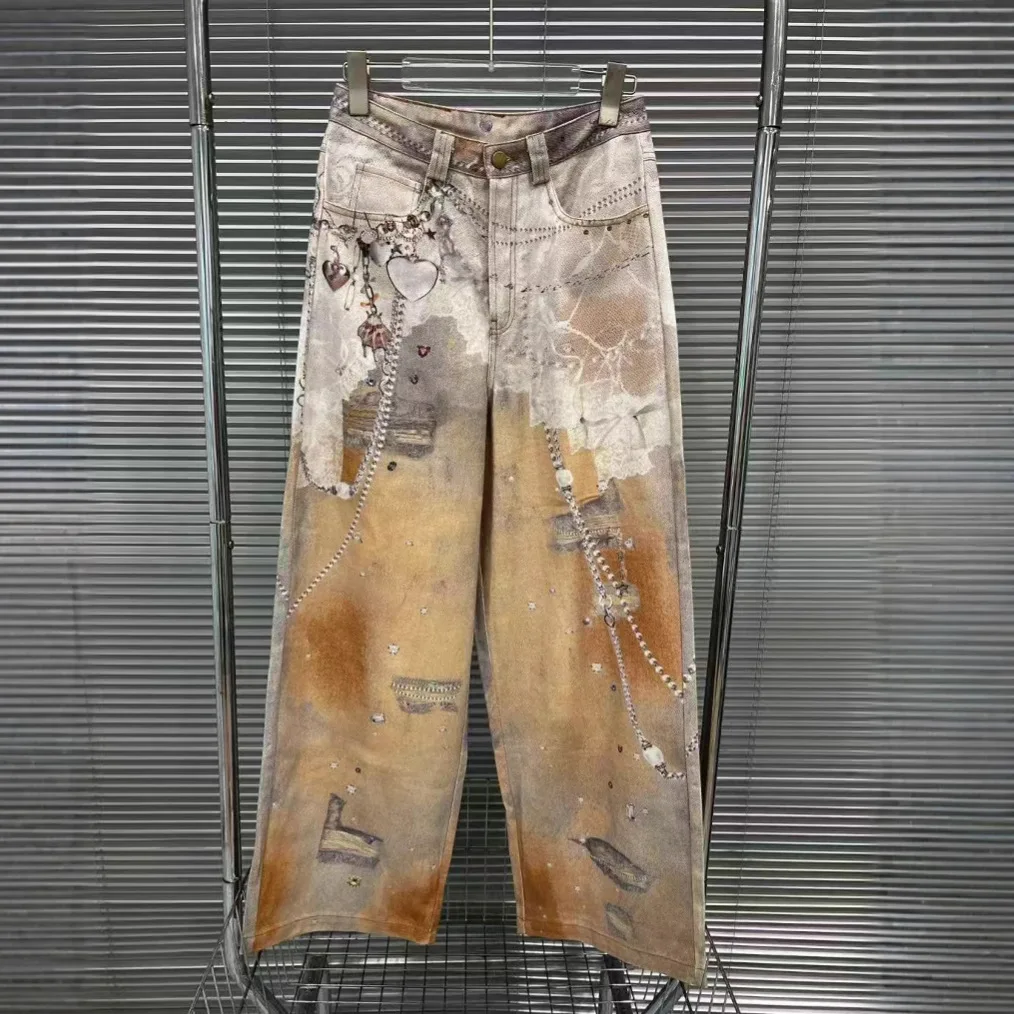

2025 Summer Chain Print High Waist Jeans Women Fashion Casual Pants Unique Design jeans y2k pants