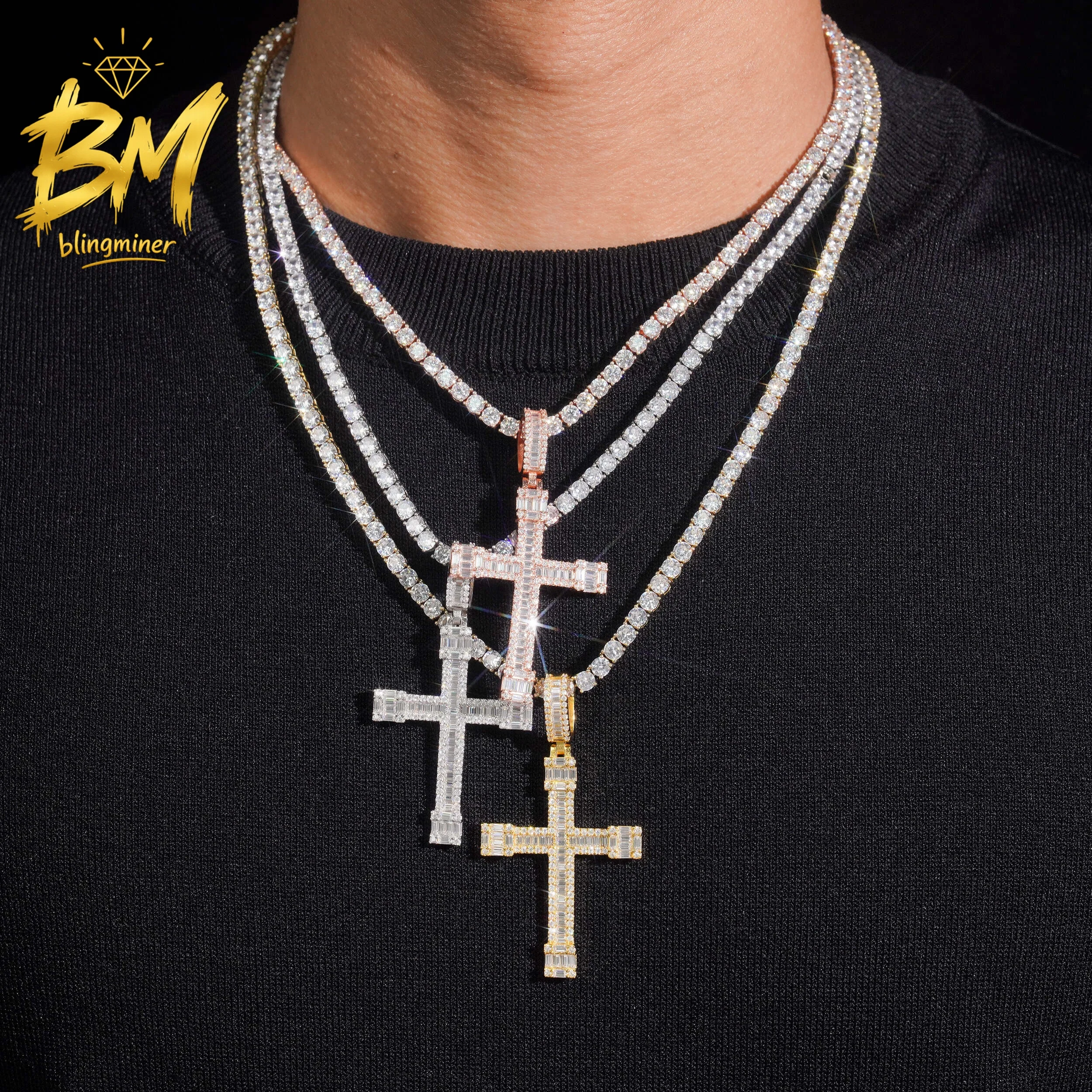 Blingminer Hip Hop Cross baguette VVS Moissanite Pendant S925 Silver For Men Women Pendants Jewelry Pass Diamonds Tester GRA Fre