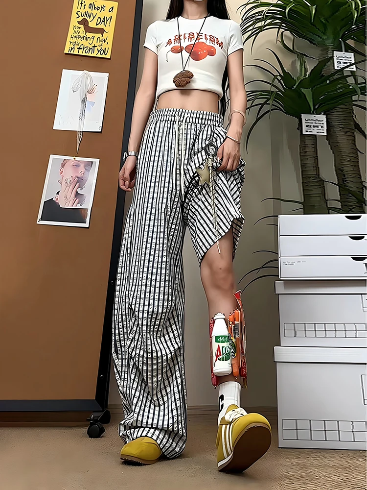 

Синие клетчатые свободные брюки прямого кроя с декором в виде звезд, летние драпированные широкие брюки в стиле BF для мужчин и женщин