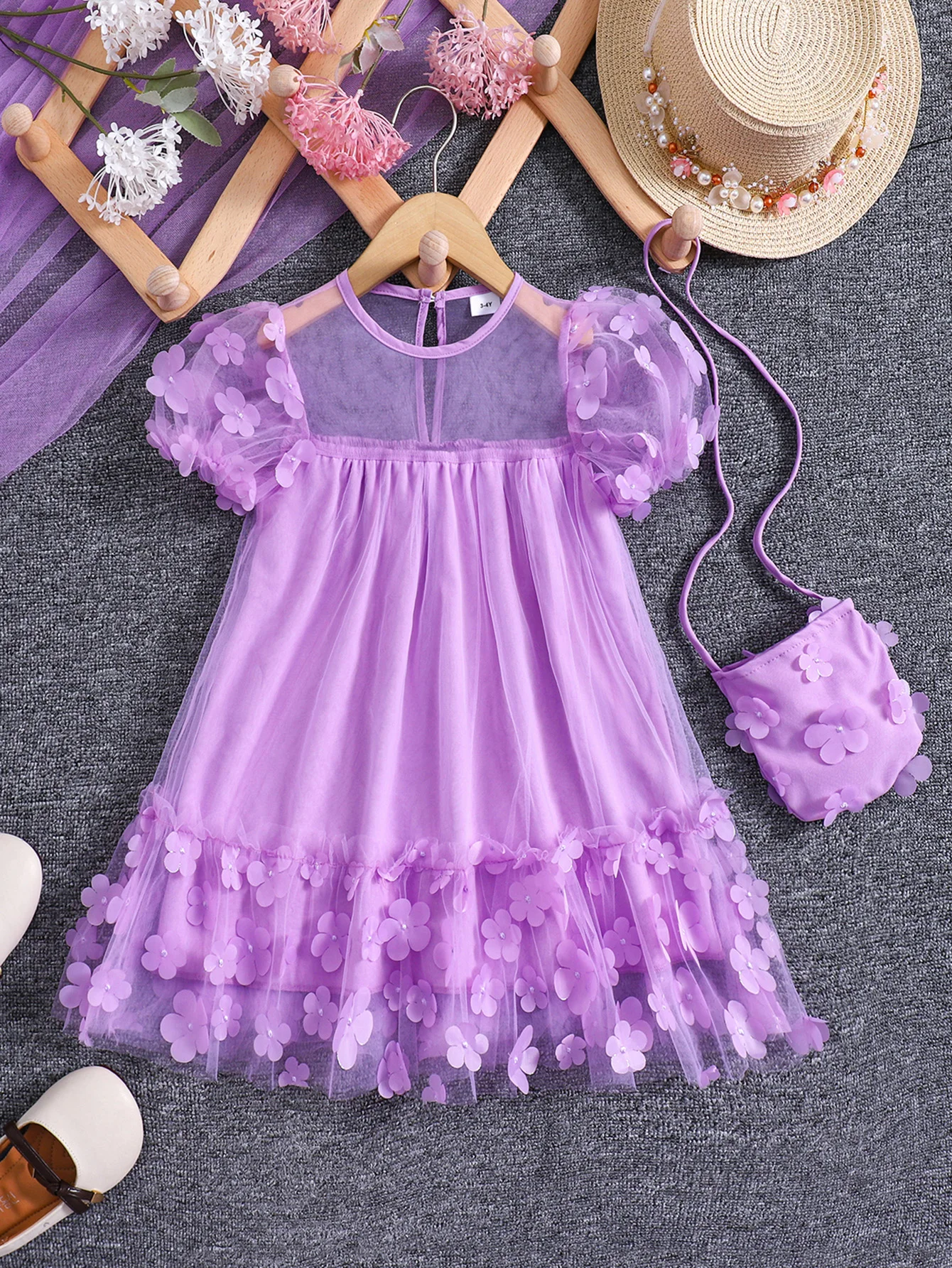 Girls Summer Mesh Splicing Three-dimensional Flower Fashion Princess Dress with Crossbody Bag Dress