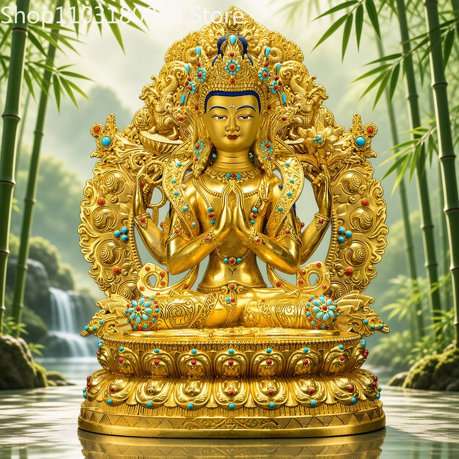 49cm Brass Four-Armed Chenrezig Statue Avalokiteshvara Tibetan Compassion Bodhisattva Sculpture Home Altar Decor 46cm