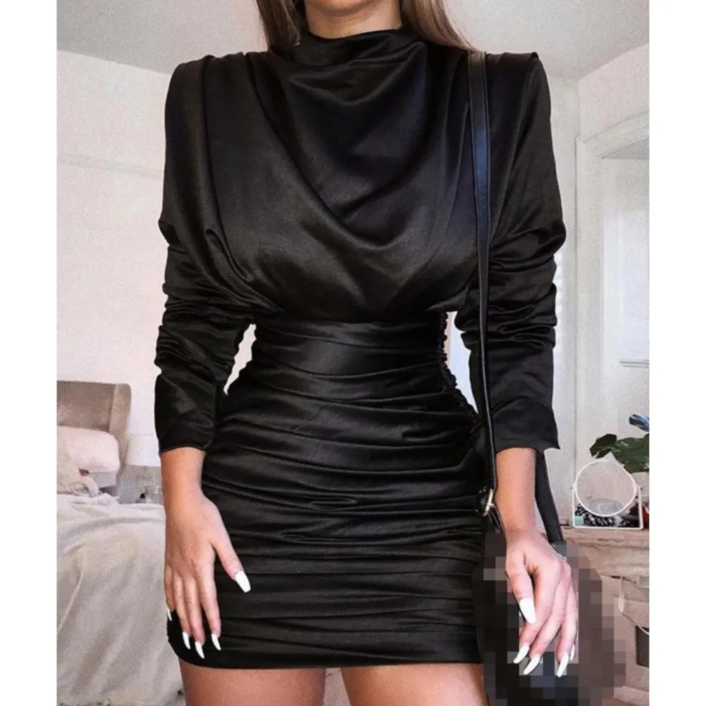 

New Spring Summer Solid Color High Neck Sexy Bag Hip Fashion Wrinkle Casual Long Sleeve Short Dress For Women's Clothing