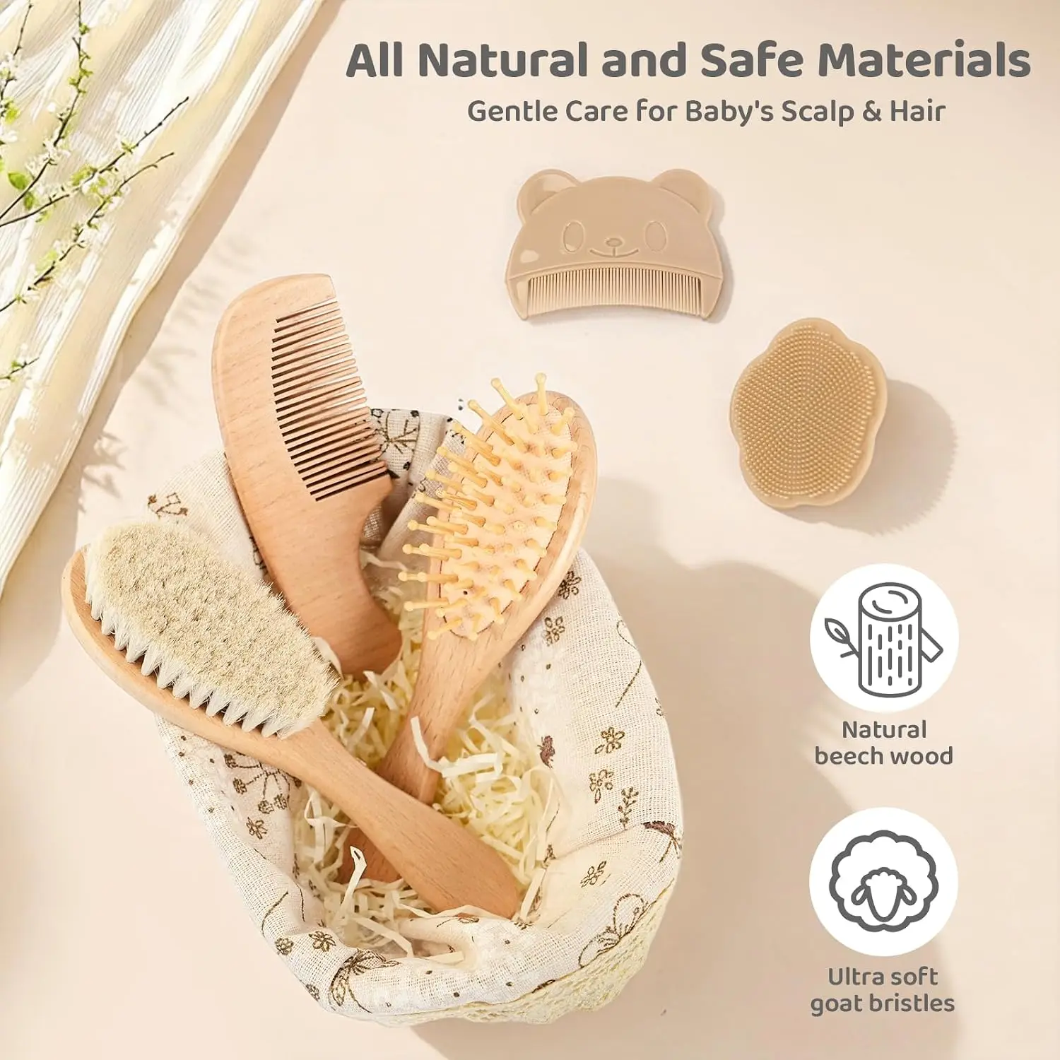 5/3/2 Pieces Baby Hair Brush Set, Wooden Baby Brush and Comb Set with Natural Soft Goat Hair Bristles, Cradle Cap Brush