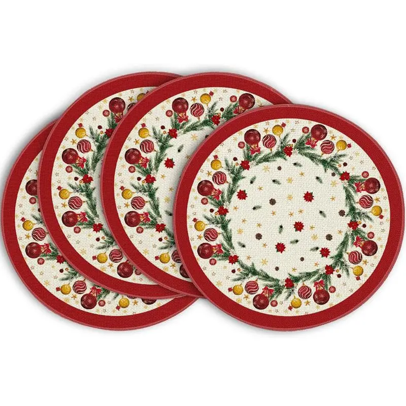 Red Christmas Snowflake Border Round Christmas Placemat, Wear-Resistant Plate Mat for Home Dining Table Decoration