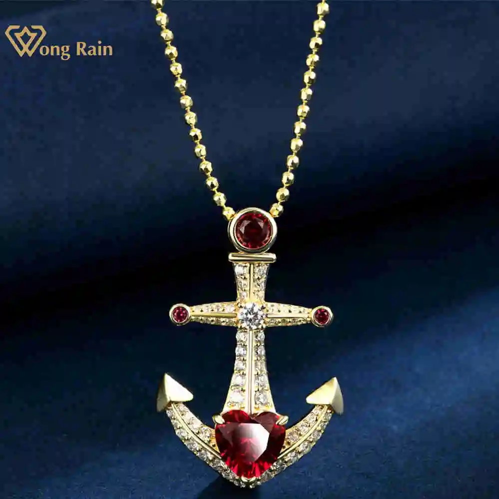 

Wong Rain Sparkling 925 Sterling Silver Heart Cut 8*8 MM Red Sapphire High Carbon Diamond Gemstone Pendant Necklace Fine Jewelry