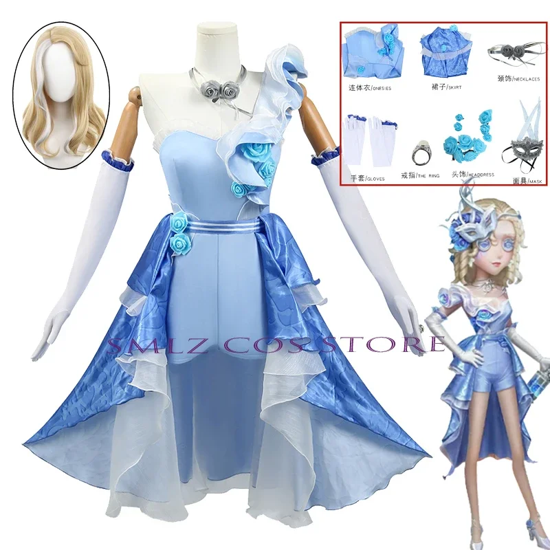 Demi Bourbon Cosplay Anime Spiel Identität antike Kostüm Barmaid blau Kleid Maske Requisite Perücke Set Party Karneval Outfit für Frau