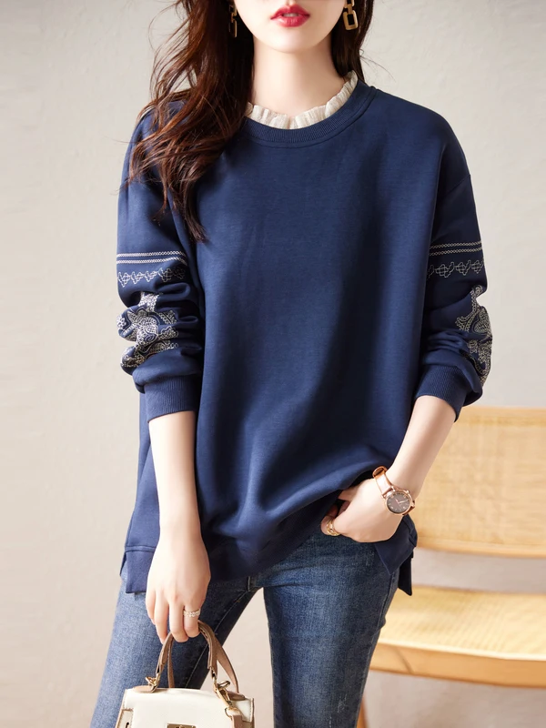 Schweres, besticktes, rundes Ne-Sweatshirt mit Spitze für Damen in Übergröße, lockeres, lässiges, langes Sve-Top für den Herbst 2025,