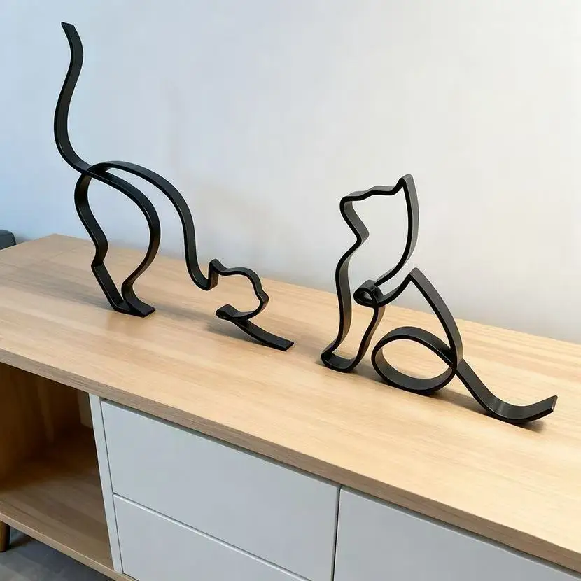 Simple Lovely Cat Ornament Line Art Animal Sculpture Resin Statue for Home Desktop Office Decor
