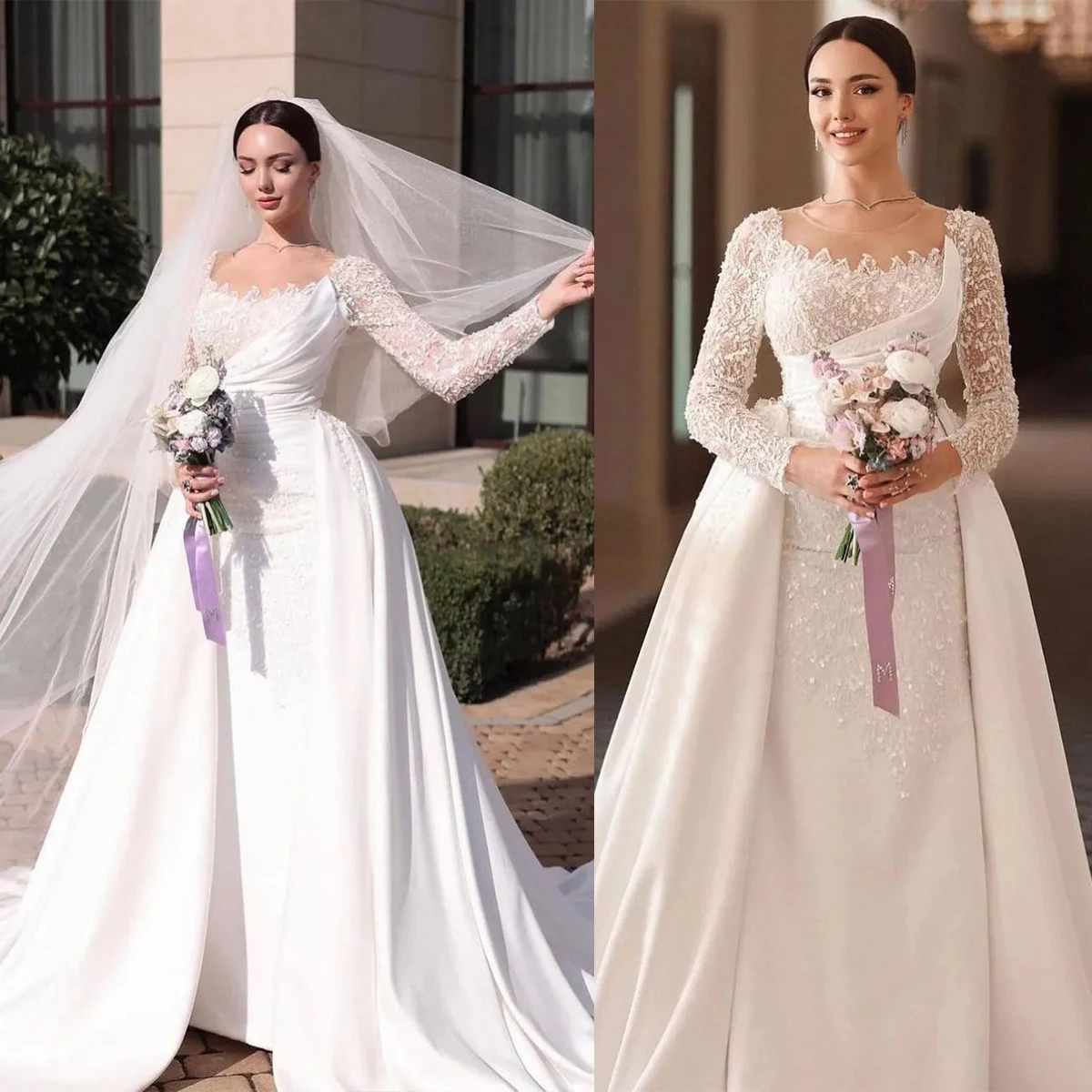 

Vintage Mermaid Wedding Dress Lace Applique O Neck Long Sleeve Bridal Gown For Bride Customize With Detachable Train