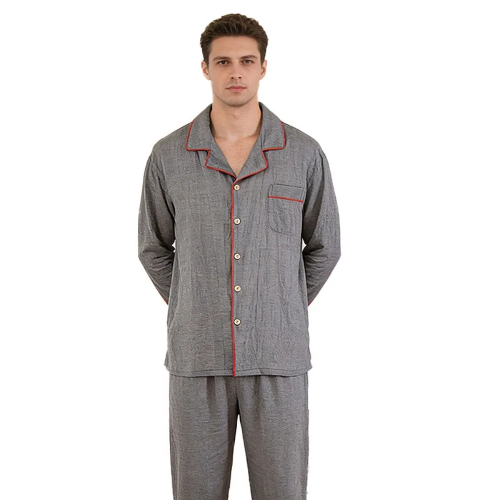 Men's Home Set Long-Sleeve Lapel Top and Long Pant Spring Autumn Sleepwear Loungewear Pjs Casual Soft Pyjama for Man Pajamas