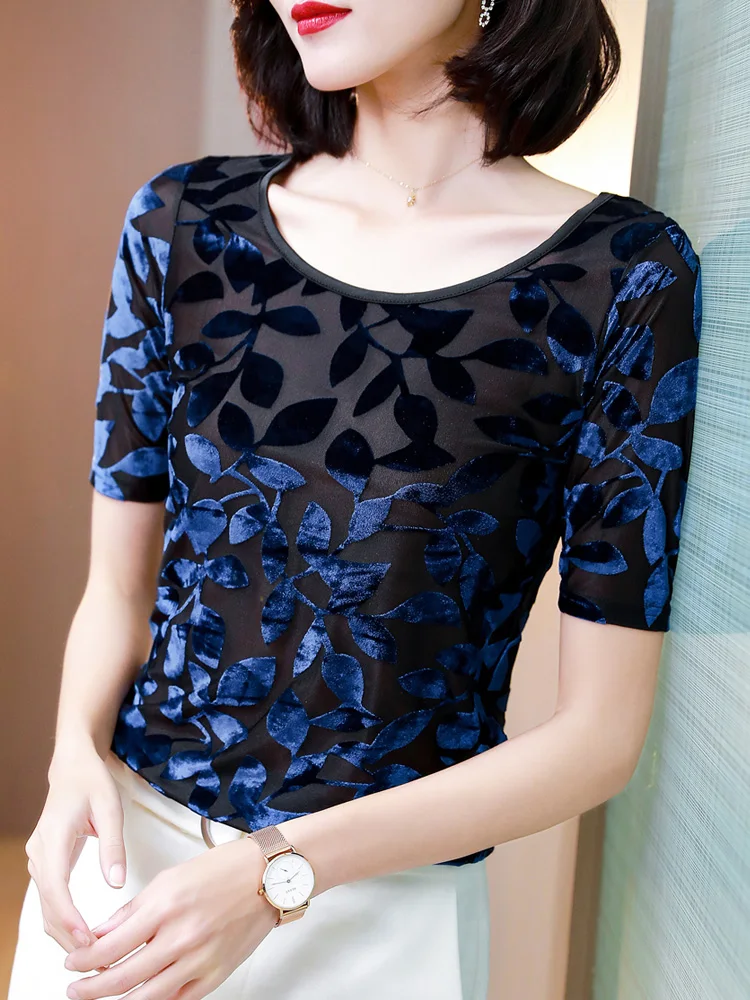 2024 New Product Mesh Female Printed Leaves T-shirt Spring Summer Woman M-3XL Half Sleeves Slim O-neck Charming Chic