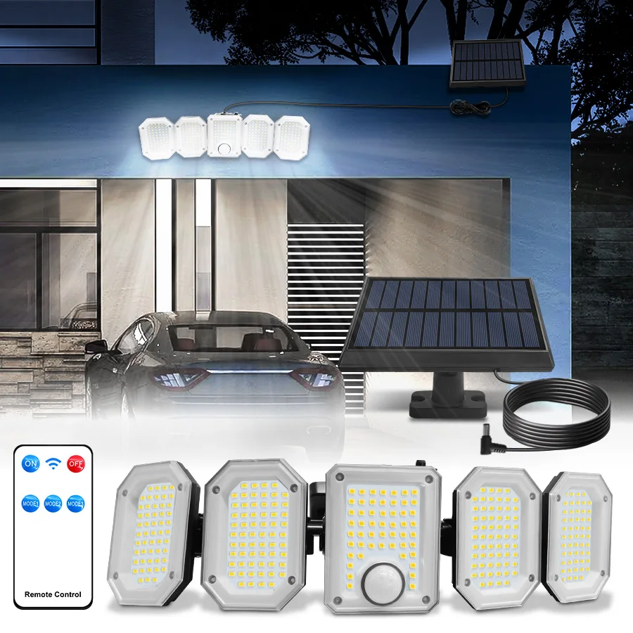 Solar LED Light Outdoor Lamp 5 Heads 300 Led Motion Sensor Lights Waterproof Spotlight 3 Modes Garage Yard Garden Security Light