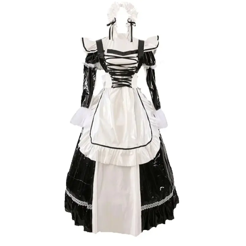 

French Sexy Adult Custom Fetishist Cross Dressing Sissy White Long Sleeved Flared Cuffs with Ribbon Crossing Long Dress