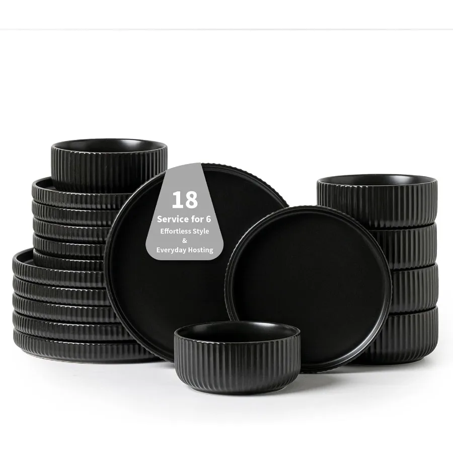 

Современный черный керамический набор посуды на 618 предметов. Стильные и безопасные тарелки и миски для микроволновой печи для ежедневной столовой в современном стиле.