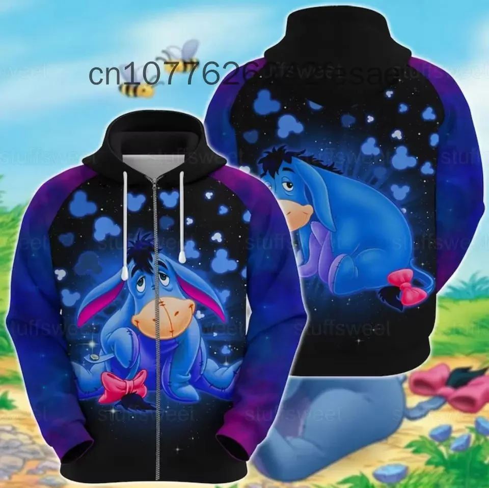 2024 New Disney Eeyore Zipper Hoodies Casual Hip Hop Street Clothing Men\'s and Women\'s Long sleeved Sweatshirts